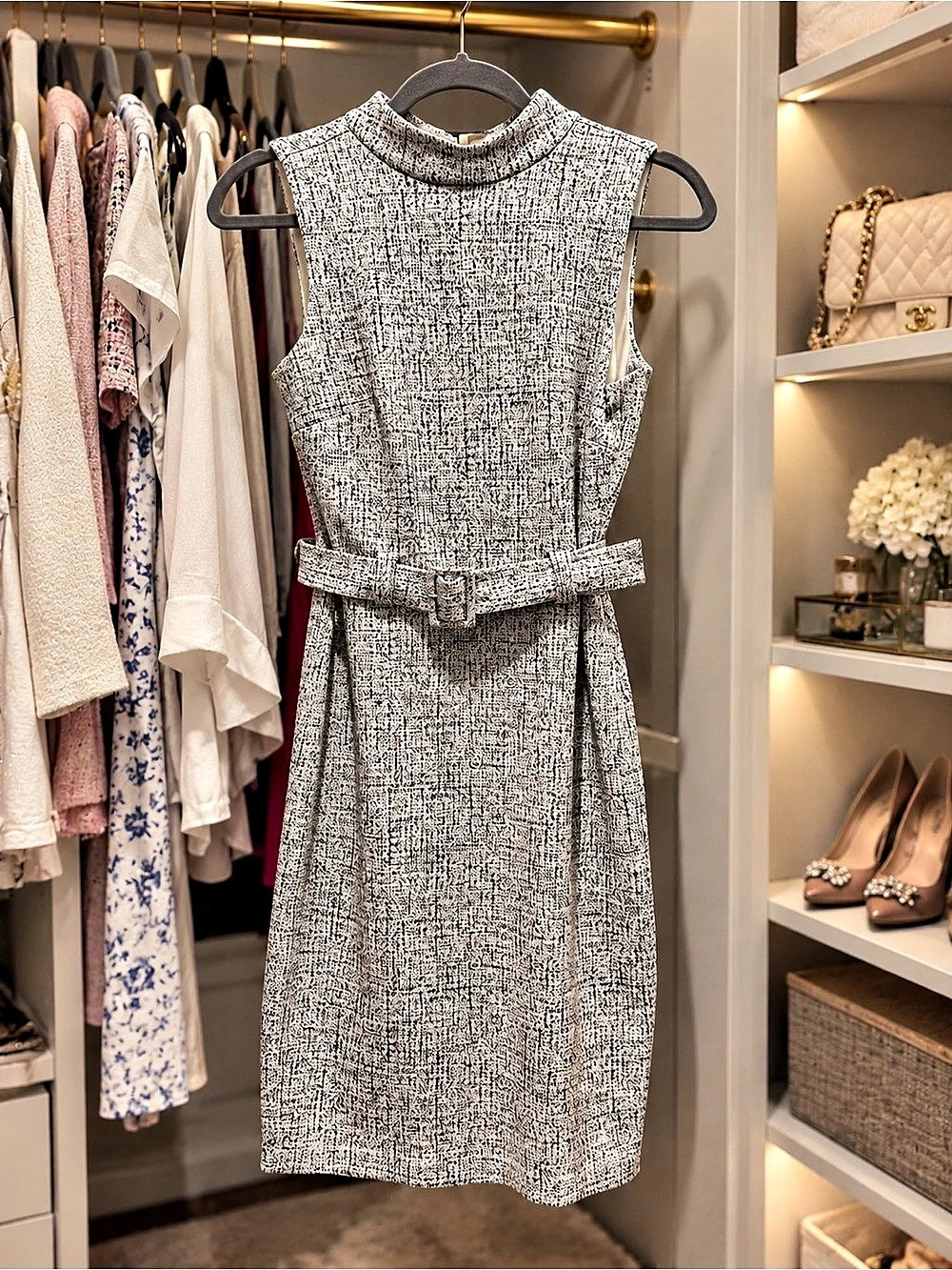 Express Black, Grey, & White Tweed-Like Pattern Belted Sheath Dress – Size Small